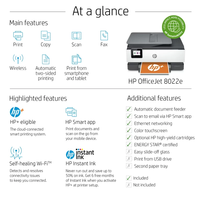 HP OfficeJet 8022e All-in-One Wireless Color Inkjet Printer – 6 Months Free Instant Ink with HP+