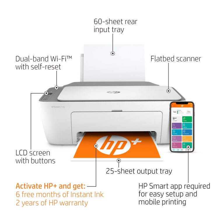 HP DeskJet 2755e Wireless Color All-in-One Printer with bonus 6 months Instant Ink with HP+ (26K67A)