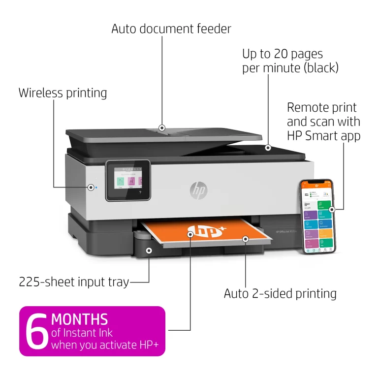 HP OfficeJet 8022e All-in-One Wireless Color Inkjet Printer – 6 Months Free Instant Ink with HP+