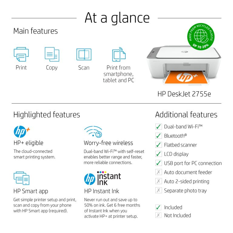 HP DeskJet 2755e Wireless Color All-in-One Printer with bonus 6 months Instant Ink with HP+ (26K67A)