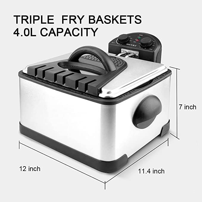 Secura 1700-Watt Stainless-Steel Triple Basket Electric Deep Fryer with Timer Free Extra Odor Filter, 4L/17-Cup