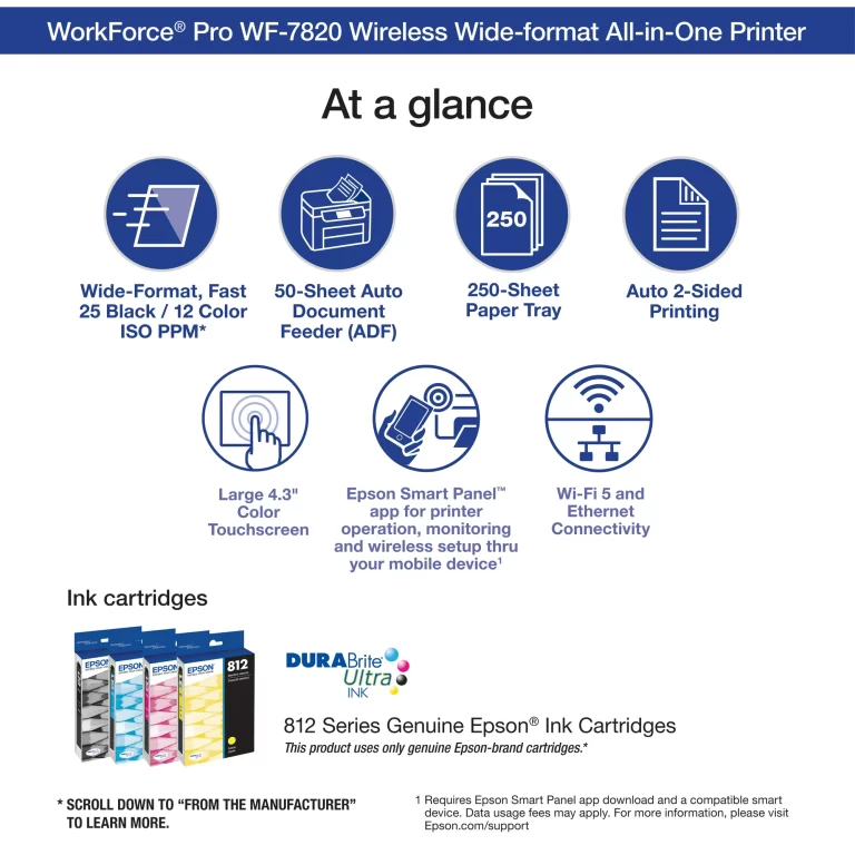 Epson WorkForce Pro WF-7820 Wireless All-in-One Wide-format Printer with Auto 2-sided Print up to 13″ x 19″, Copy, Scan and Fax, 50-page ADF, 250-sheet Paper Capacity, and 4.3″ Color Touchscreen