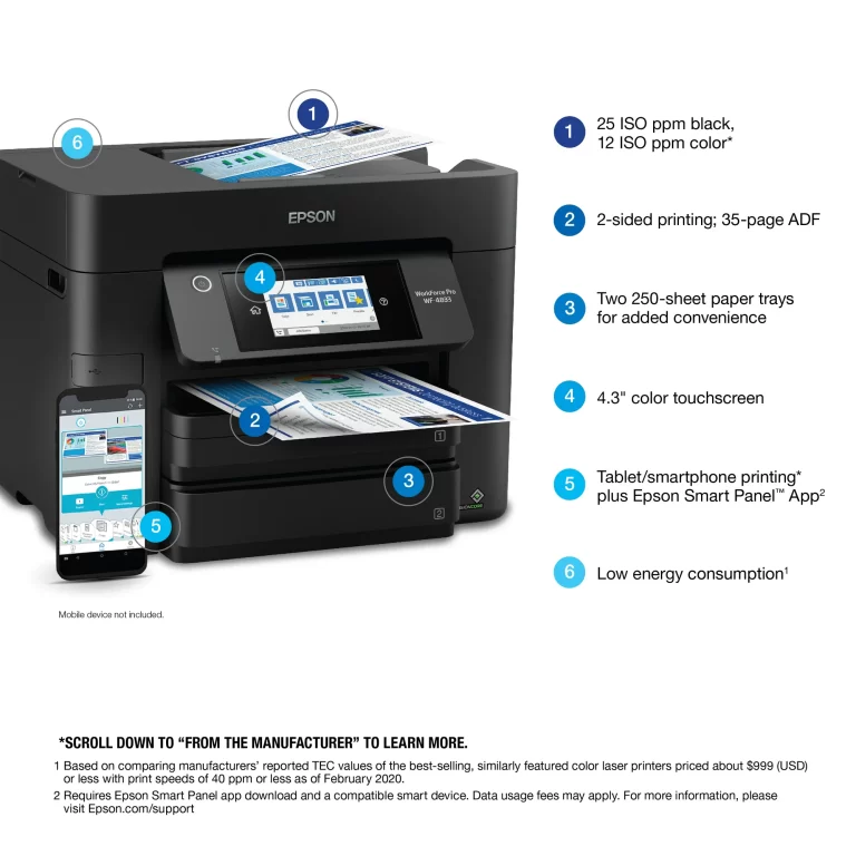 Epson WorkForce Pro WF-4833 Wireless All-in-One Printer with Auto 2-Sided Print, Copy, Scan and Fax, 50-Page ADF, 500-Sheet Paper Capacity, and 4.3″ Color Touchscreen