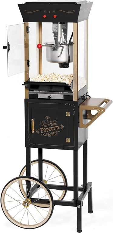 Nostalgia Popcorn Maker Professional Cart – 8 Oz Kettle Makes Up to 32 Cups -Vintage Movie Theater Popcorn Machine with Interior Light – Measuring Spoons and Scoop – Home Theater Accessories – Black