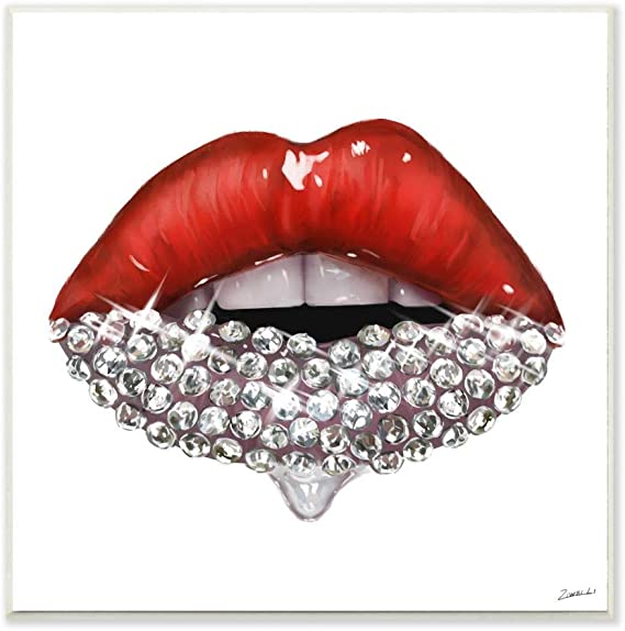 Stupell Industries Red Glam Lips with Glistening Cosmetic Stones Wall Art, 12 x 12, White