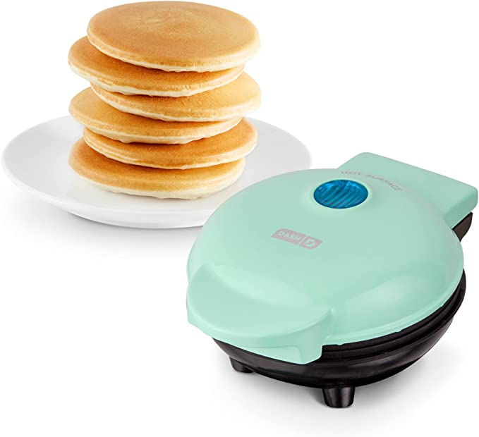 DASH Mini Maker Electric Round Griddle for Individual Pancakes, Cookies, Eggs & other on the go Breakfast, Lunch & Snacks with Indicator Light + Included Recipe Book – Aqua ,4 Inch