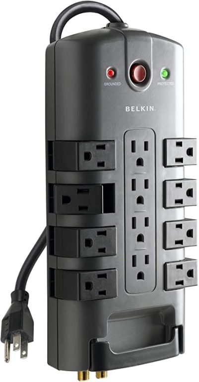 Belkin Surge Protector w/ 8 Rotating & 4 Standard Outlets – 8ft Sturdy Extension Cord w/ Flat Pivot Plug for Home, Office, Travel, Desktop & Charging Brick – Power Strip 4320 Joules