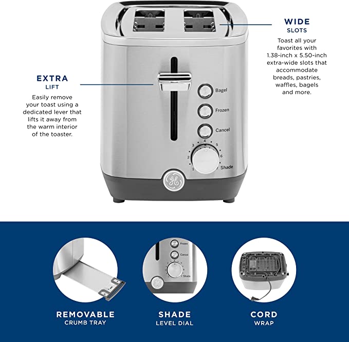 GE Stainless Steel Toaster | 2 Slice | Extra Wide Slots for Toasting Bagels, Breads, Waffles & More | 7 Shade Options for the Entire Household to Enjoy | Countertop Kitchen Essentials | 850 Watts