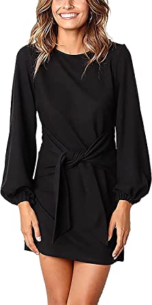 PRETTYGARDEN Women’s Elegant Long Lantern Sleeve Short Dress Crewneck Tie Waist Knit Cocktail Dress