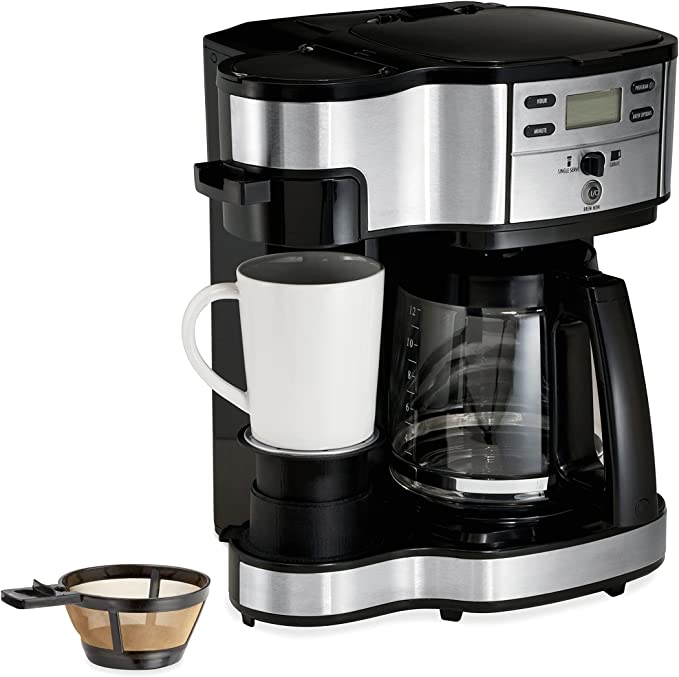 Roll over image to zoom in        6 VIDEOS Hamilton Beach 2-Way 12 Cup Programmable Drip Coffee Maker & Single Serve Machine, Glass Carafe, Auto Pause and Pour, Black (49980A)