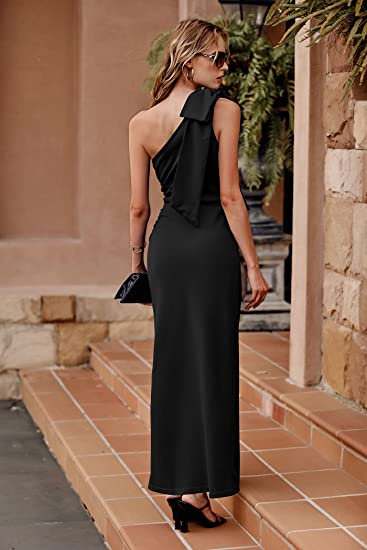 PRETTYGARDEN Women’s Summer One Shoulder Long Formal Dresses Sleeveless Ruched Bodycon Wedding Guest Slit Maxi Dress