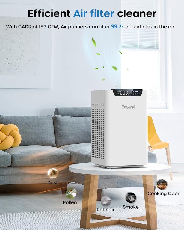 ECOWELL Air Purifiers for Large Room with H13 True HEPA Filter, Auto Mode, PM2.5 Monitor, 24 dB Quiet Sleep Mode Air Cleaner Clean 99.97% of Dust, Smoke, Odor, EAP260, White, 8.7 x 8.7 x 14.5 inch