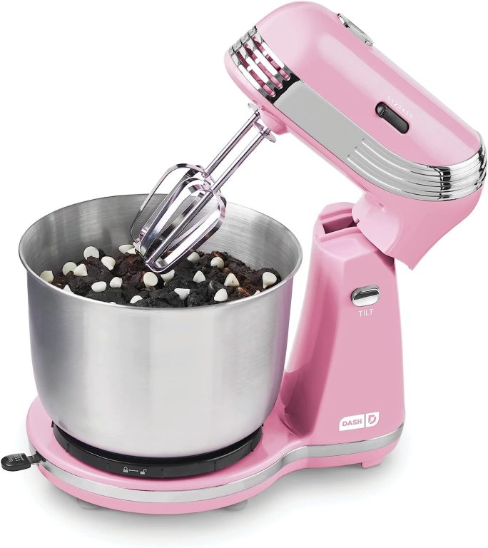 Dash Stand Mixer (Electric Mixer for Everyday Use): 6 Speed Stand Mixer with 3 Quart Stainless Steel Mixing Bowl, Dough Hooks & Mixer Beaters for Frosting, Meringues & More – Pink