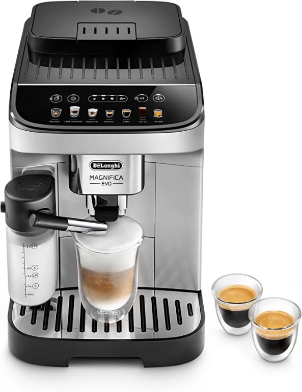 De’Longhi Magnifica Evo with LatteCrema System, Fully Automatic Machine Bean to Cup Espresso Cappuccino and Iced Coffee Maker, Colored Touch Display, Stainless Steel