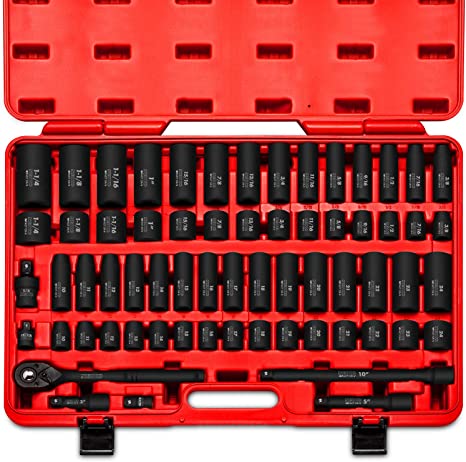 NEIKO 02448A 1/2″ Drive Master Impact Socket Set, 65 Piece, Standard SAE (3/8″-1-1/4″) & Metric (10-24 mm) Sizes, Deep & Shallow Kit, Includes Adapters & Ratchet Handle, 1/2 Impact Socket Set