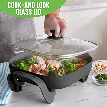 GreenLife Healthy Ceramic Nonstick, 12″ 5QT Square Electric Skillet with Glass Lid, Dishwasher Safe, Adjustable Temperature Control, PFAS-Free, Black