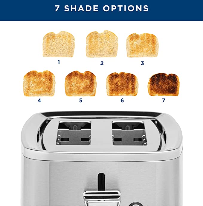 GE Stainless Steel Toaster | 2 Slice | Extra Wide Slots for Toasting Bagels, Breads, Waffles & More | 7 Shade Options for the Entire Household to Enjoy | Countertop Kitchen Essentials | 850 Watts