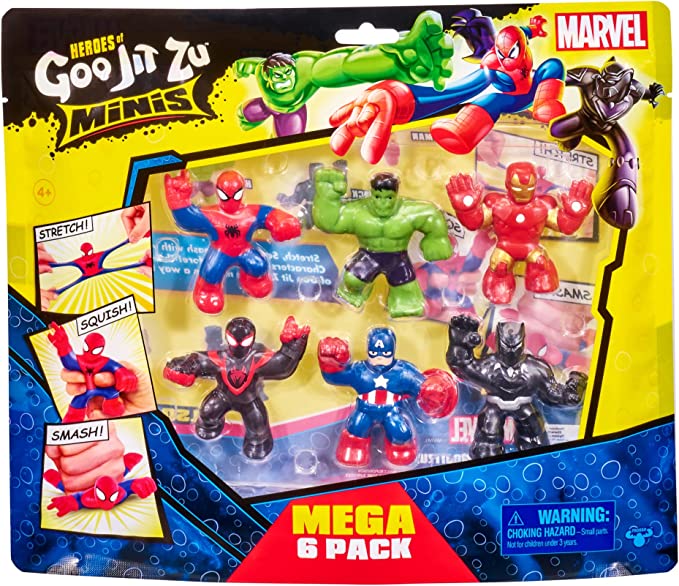Heroes of Goo Jit Zu Marvel Mega Mini 6 Pack – Squishy, Stretchy, Gooey Mini Heroes – Ironman, Spider-Man, Captain America, Miles Morales, Hulk and Black Panther