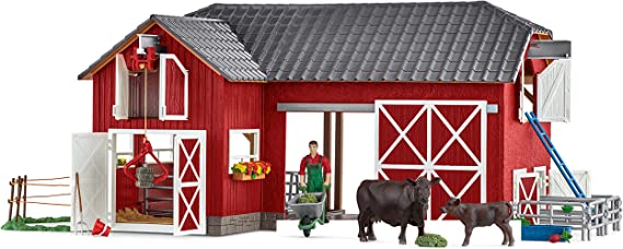 Schleich Farm Animal Toys and Playsets – Farm World Red Barn Set with Black Angus Cow Figurines, Farmer Action Figure and Farming Accessories for Kids Ages 3 and Above