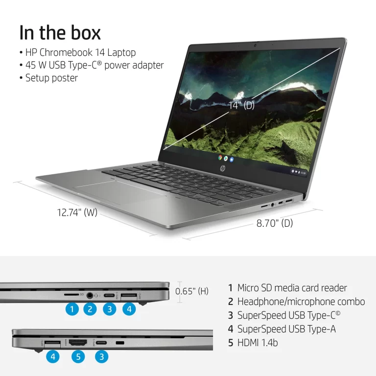 HP 14″ Chromebook, Intel i3-115G4, 4GB RAM, 128GB SSD, Silver, Chrome OS, 14b-nb0031wm