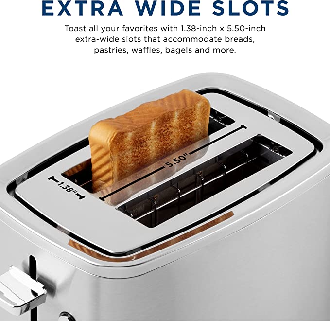 GE Stainless Steel Toaster | 2 Slice | Extra Wide Slots for Toasting Bagels, Breads, Waffles & More | 7 Shade Options for the Entire Household to Enjoy | Countertop Kitchen Essentials | 850 Watts
