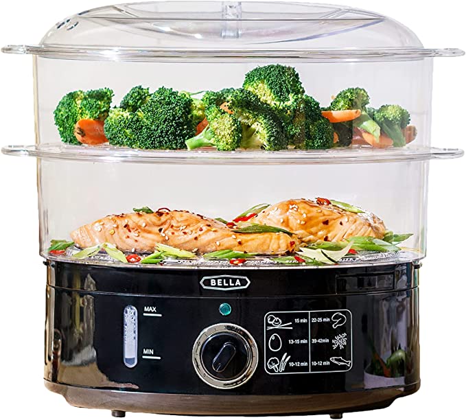 BELLA Two Tier Food Steamer, Healthy, Fast Simultaneous Cooking, Stackable Baskets for Vegetables or Meats, Rice/Grains Tray, Auto Shutoff & Boil Dry Protection, 7.4 QT, Black