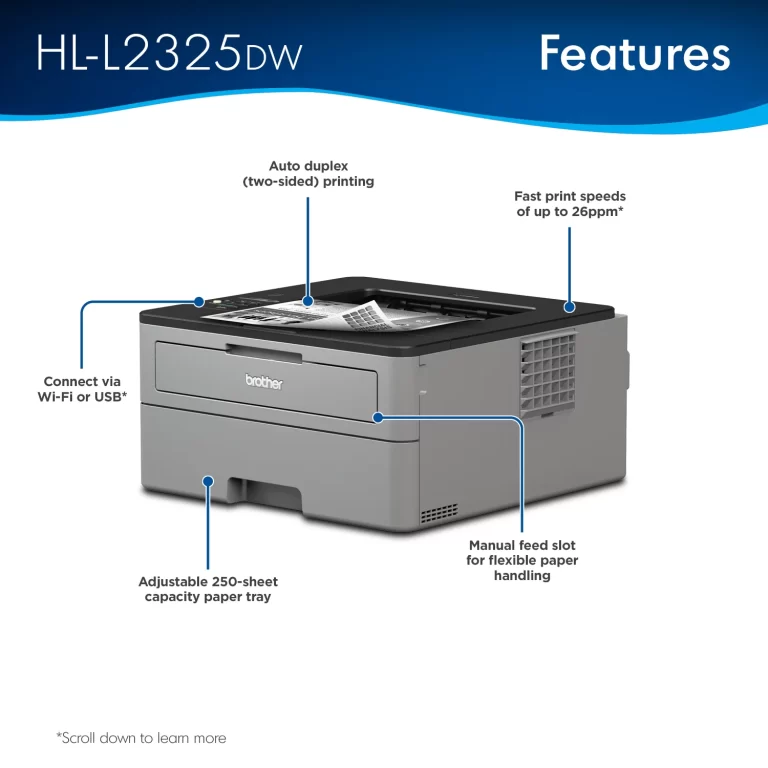 Brother HL-L2325DW Monochrome Laser Printer, Wireless Networking & Duplex Printing