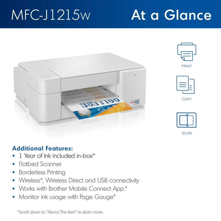 Brother MFC-J1215W INKvestment Tank Wireless Multi-Function Color Inkjet Printer with Up to 1-Year of Ink In-box