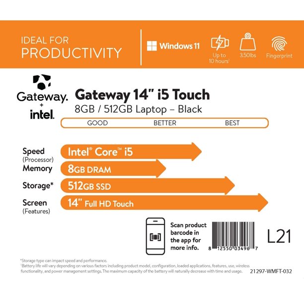 Gateway 14.1″ Ultra Slim Notebook, FHD Touchscreen, Intel Core i5-1235U, 8GB RAM, 512GB SSD, Fingerprint Scanner, Tuned by THX Audio, 2MP Camera, HDMI, Windows 11, Black