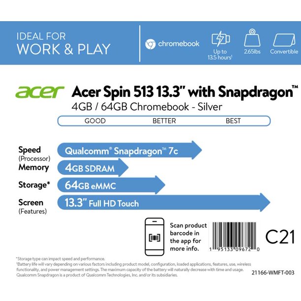 Acer Spin 513 Qualcomm 4GB/64GB Chromebook, 13.3″ Full HD IPS Multi-Touch Corning Gorilla Glass Display, Qualcomm® Snapdragon™ 7c Compute Platform, 4GB LPDDR4X, 64GB eMMC, CP513-1H-S60F