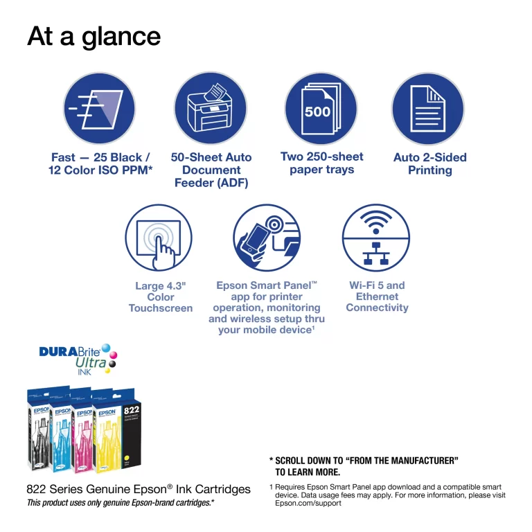 Epson WorkForce Pro WF-4833 Wireless All-in-One Printer with Auto 2-Sided Print, Copy, Scan and Fax, 50-Page ADF, 500-Sheet Paper Capacity, and 4.3″ Color Touchscreen