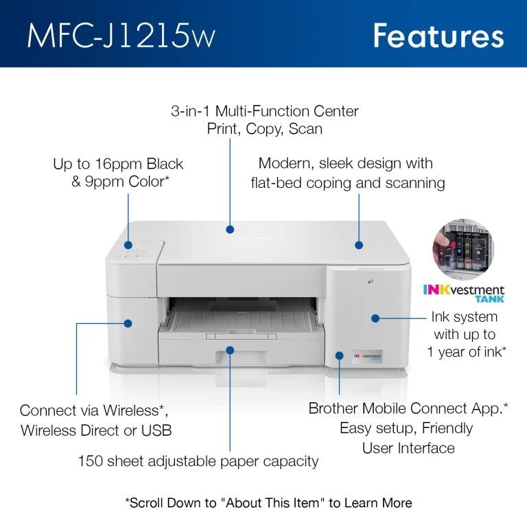 Brother MFC-J1215W INKvestment Tank Wireless Multi-Function Color Inkjet Printer with Up to 1-Year of Ink In-box