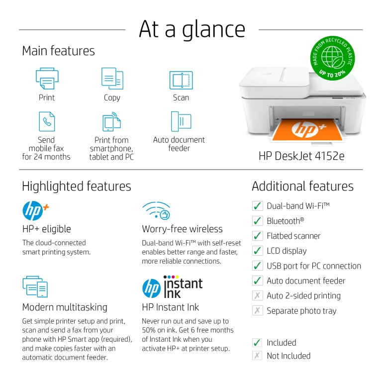 HP DeskJet 4152e All-in-One Color Inkjet Printer, Wireless connectivity – 6 Months Free Instant Ink with HP+
