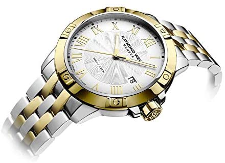 RAYMOND WEIL Tango Classic Men’s Watch, Quartz, White Dial, Roman Numerals, Two-Tone, Stainless Steel Bracelet with Yellow-Gold PVD Plating, 41 mm (Model: 8160-STP-00308)