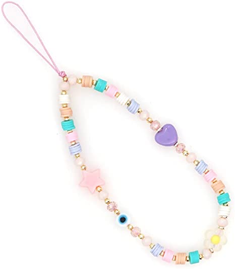 ISYSUII Beaded Phone Lanyard Wrist Strap Cute Kawaii Rainbow Color Beaded Phone Charm Strap Pearl Handmade Bracelet Keychain Anti-Lost Phone Charm String Phone Accessories for Women Girls