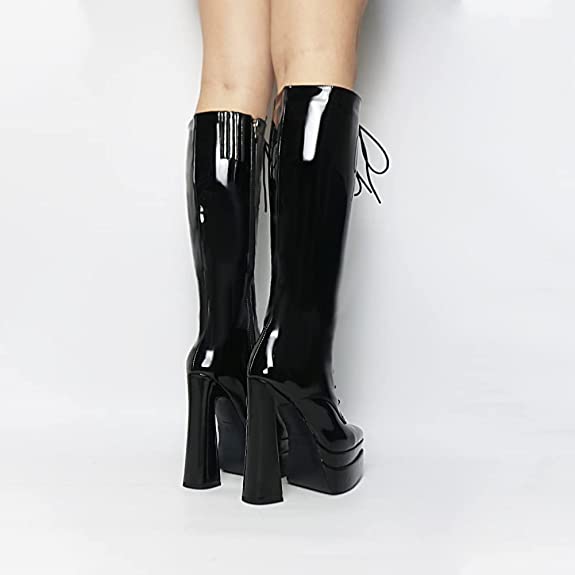 Artrotter Women’s Platform Knee High Boots Stiletto Lace Up High Heels Pointy Toe Chunky Heel Fashion Boots Zipper Design