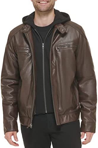 Calvin Klein Men’s Faux Lamb Leather Moto Jacket with Removable Hood and Bib