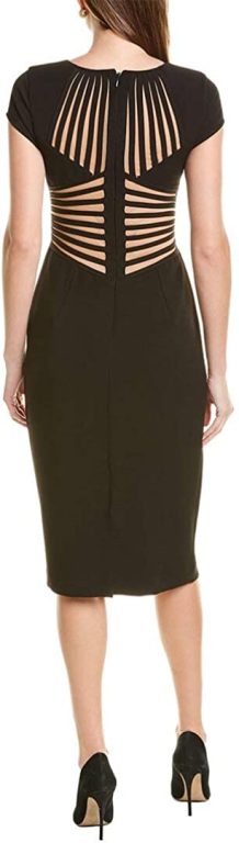 HALSTON Women’s Short Sleeve Heavy Crepe Slim Fit Cocktail Dress with Back Strip Applique Detail