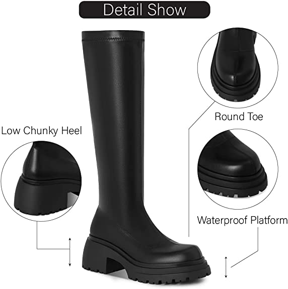 Kalstage Black Platform Boots Round Toe Chunky High Heels Pull-on Stretch Leather Boots Goth Punk Platform Boots Knee High Boots for Women