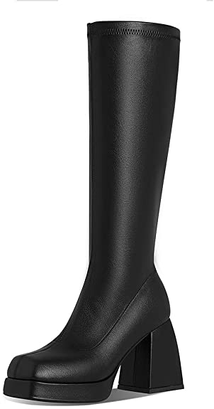 Kalstage Knee High Boots for Women Square Toe Chunky High Heels Leather Strtetch GoGo Boots Side Zipper Mid Calf Boots Platform Boots