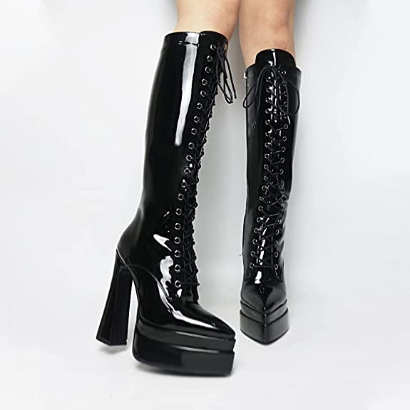 Artrotter Women’s Platform Knee High Boots Stiletto Lace Up High Heels Pointy Toe Chunky Heel Fashion Boots Zipper Design