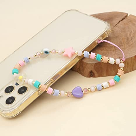 ISYSUII Beaded Phone Lanyard Wrist Strap Cute Kawaii Rainbow Color Beaded Phone Charm Strap Pearl Handmade Bracelet Keychain Anti-Lost Phone Charm String Phone Accessories for Women Girls
