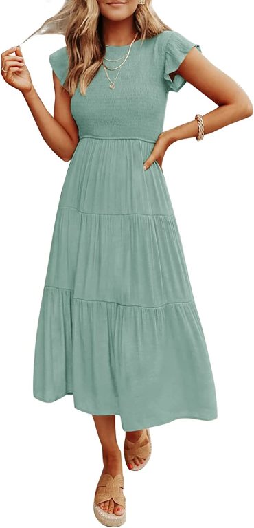 ZESICA Women’s 2023 Summer Casual Flutter Short Sleeve Crew Neck Smocked Elastic Waist Tiered Midi Dress