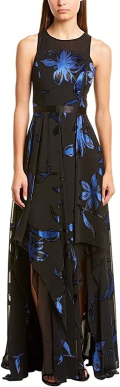 HALSTON Women’s Blossom Burnout Handkerchief Hem Gown