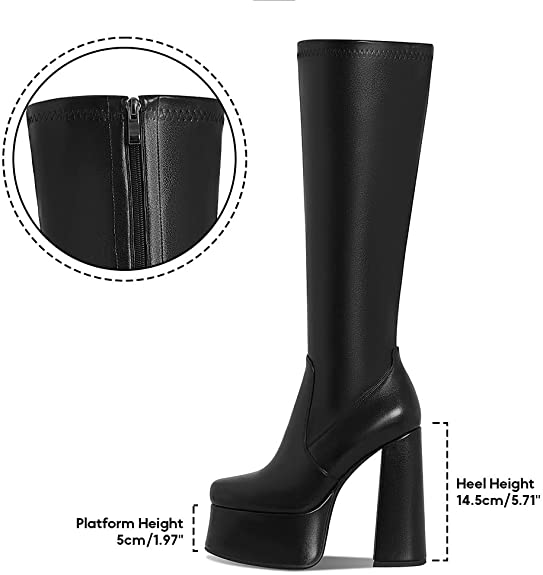 Kalstage Platform Boots for Women Round Toe Side Zipper Leather Motorcycle Boots Knee High Boots Chunky Heels Stretch GoGo Boots