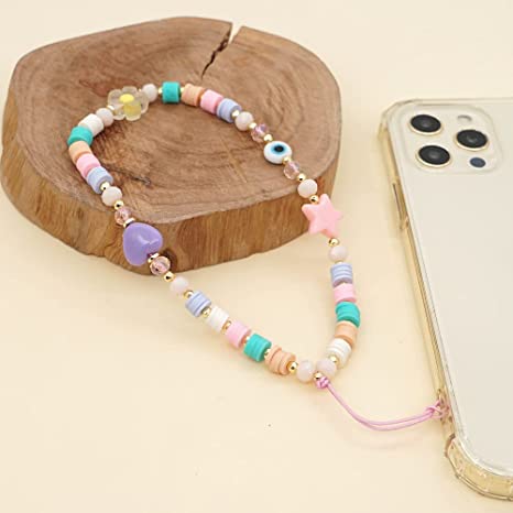ISYSUII Beaded Phone Lanyard Wrist Strap Cute Kawaii Rainbow Color Beaded Phone Charm Strap Pearl Handmade Bracelet Keychain Anti-Lost Phone Charm String Phone Accessories for Women Girls