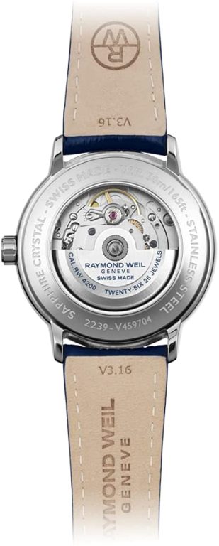 RAYMOND WEIL Maestro Men’s Automatic Watch, Silver Dial Roman Numerals, Moon Phase, Blue Leather Strap 39.5 mm (Model: 2239-STC-00659)