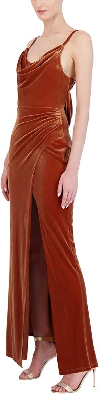 BCBGMAXAZRIA Women’s Fit and Flare Long Evening Gown Adjustable Spaghetti Strap Cowl Neck Sequin Trim Corset Dress