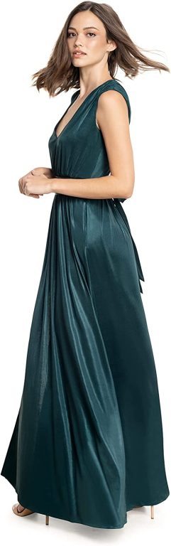 Dress the Population Women’s Krista V Neck Tie Waist Coated Jersey Slit Front Maxi Dress