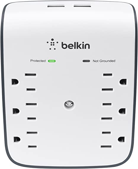 Belkin 6-Outlet Power Strip, Wall Surge Protector w/ 2 USB Ports – Wall Mountable with Premium Protection Against Surges – Safe Charge for Mobile Devices, Tablets, Small Appliances & More – 900 Joules